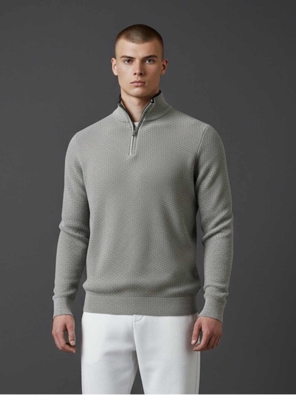 Magaschoni Men's Light Gray Quarter-Zip Knit Sweater